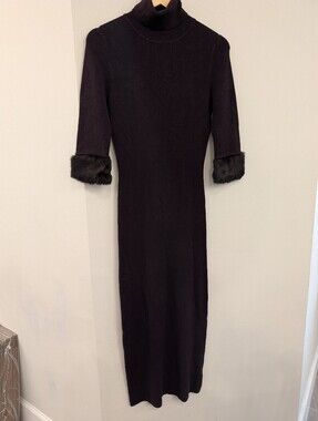 Rare Vintage Koji Yohji Brown Ribbed Knit Sweater Dress Real Rabbit Fur Cuffs M